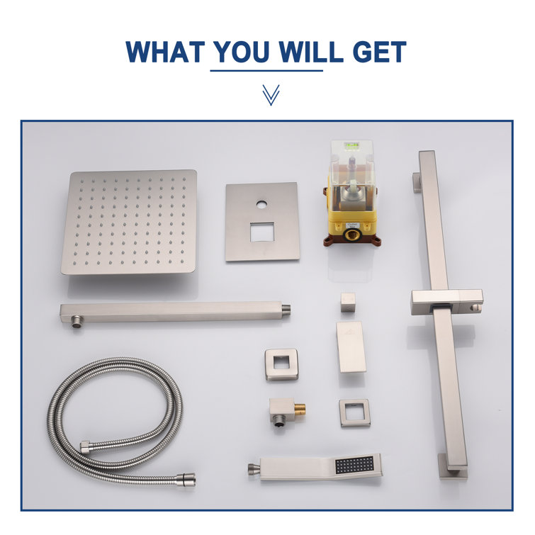 Brushed Nickel Wall-Mounted Square Rain Shower System with Handheld Spray