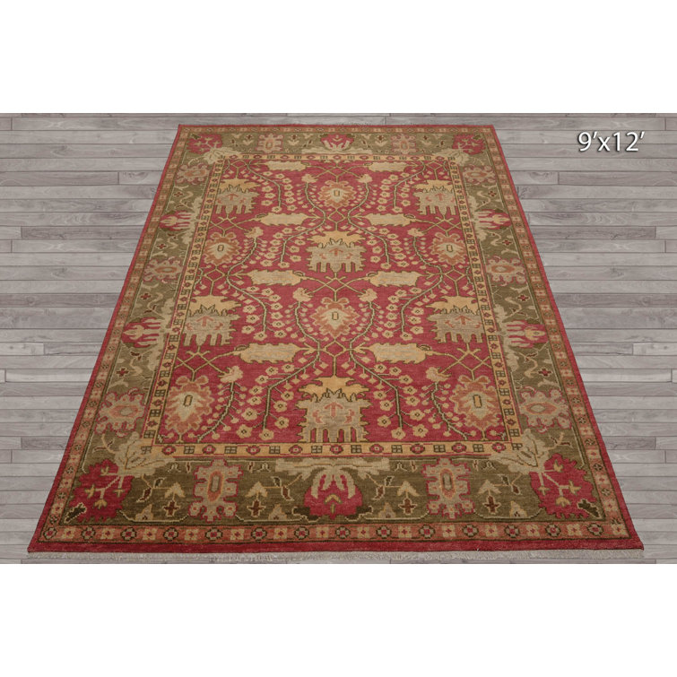 Ivory and Raspberry Hand-Knotted Wool 10' x 14' Oriental Rug
