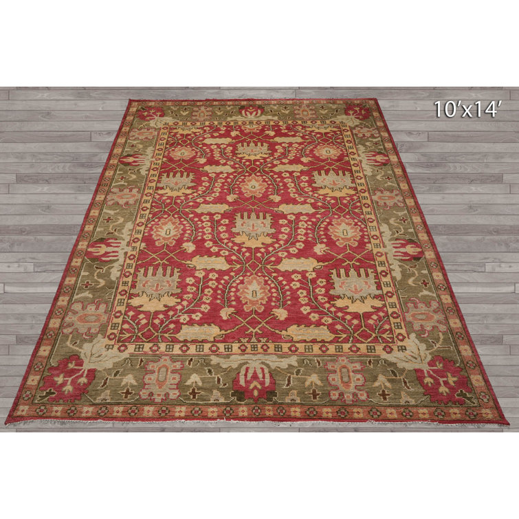 Ivory and Raspberry Hand-Knotted Wool 10' x 14' Oriental Rug