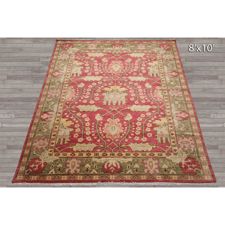 Ivory and Raspberry Hand-Knotted Wool 10' x 14' Oriental Rug