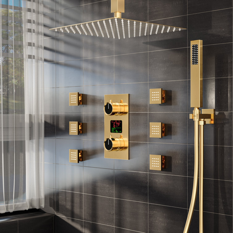 Brushed Gold 12" LED Ceiling Mounted Shower System with Digital Display