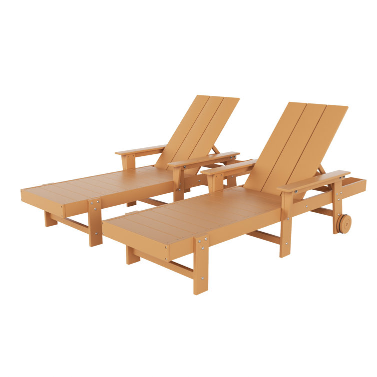 Teak Beige Plastic Outdoor Chaise Lounge Set with Arms and Wheels