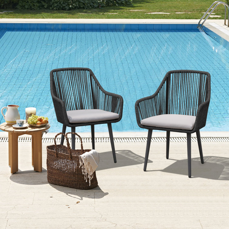 Black Wicker and Metal Outdoor Dining Chairs with Cushions, Set of 2