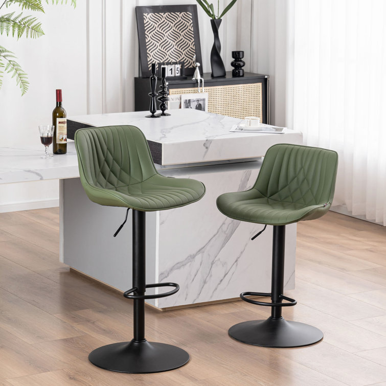 Bean Green Adjustable Swivel Faux Leather Bar Stools with Iron Base