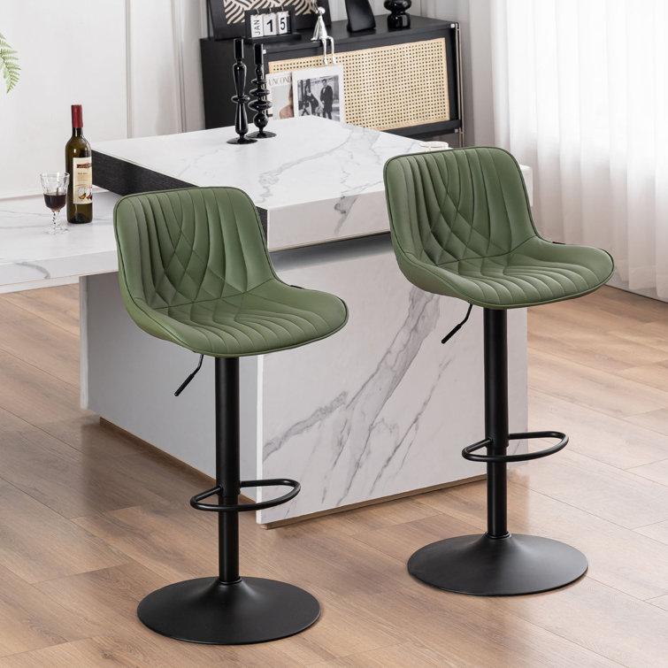Bean Green Adjustable Swivel Faux Leather Bar Stools with Iron Base
