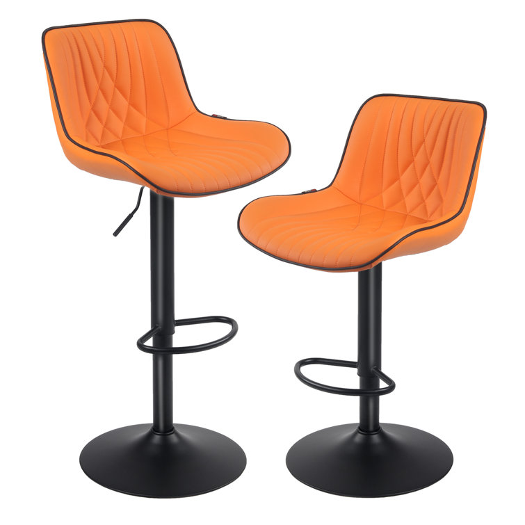 Orange Adjustable Swivel Leather Bar Stools with Pedestal Base, Set of 2
