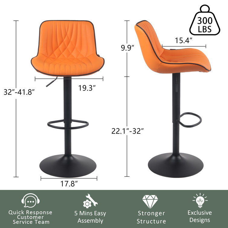 Orange Adjustable Swivel Leather Bar Stools with Pedestal Base, Set of 2