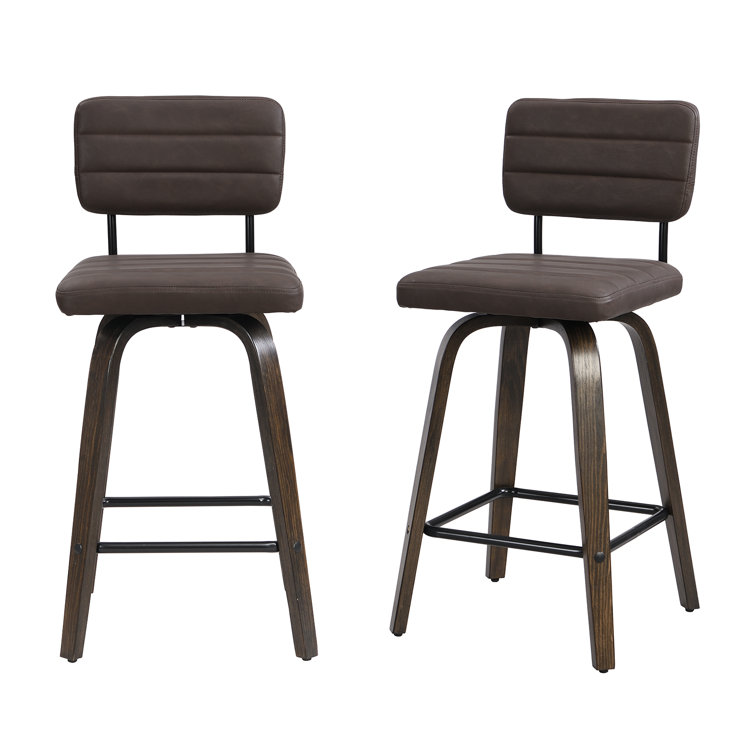 Brown Faux Leather Swivel Bar Stools with Low Back, Set of 2
