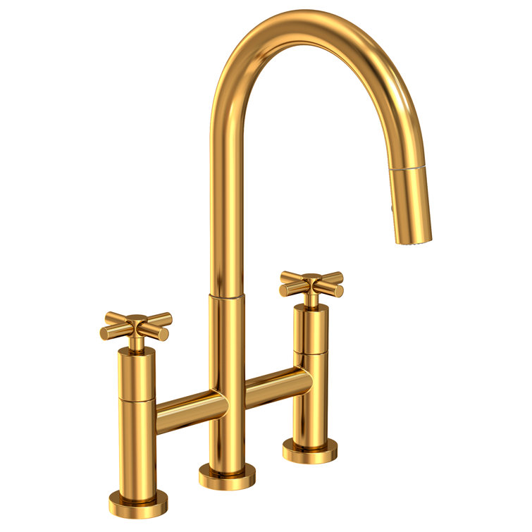 Aged Brass Pull Down Kitchen Faucet with Cross Handles
