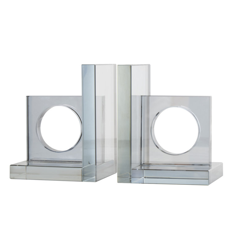 Clear Glass Geometric Non-Skid Bookends with Circle Cut Outs