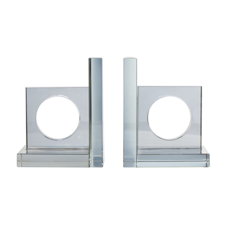 Clear Glass Geometric Non-Skid Bookends with Circle Cut Outs