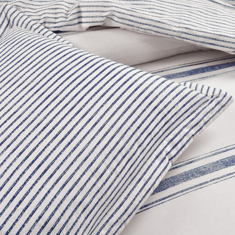 Navy Full/Queen Cotton Farmhouse Stripe Reversible Duvet Cover Set