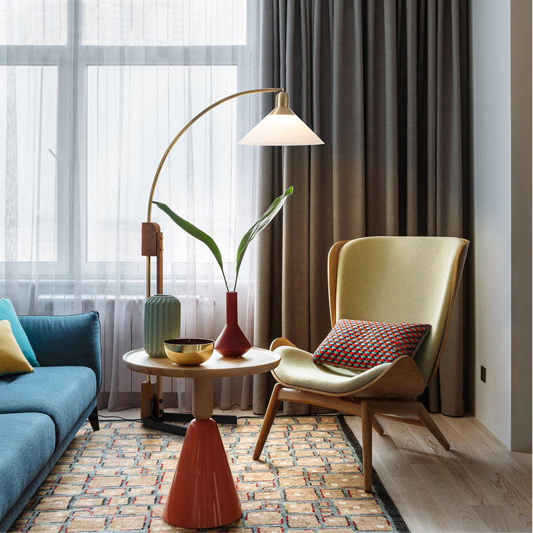 Melmar Weathered Brass Walnut Adjustable Arc Floor Lamp