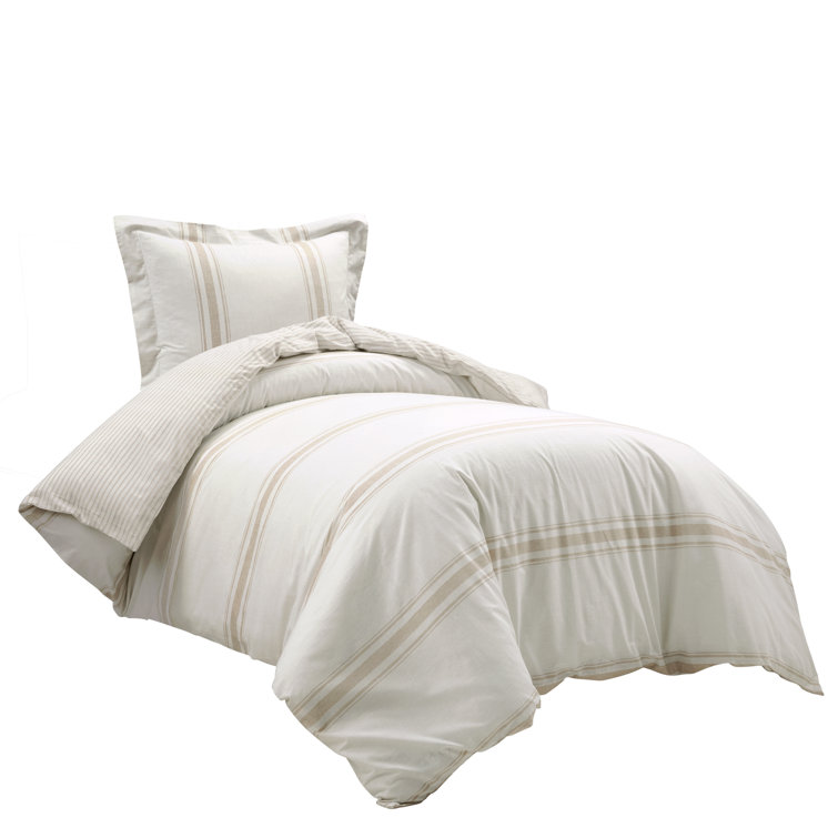 Neutral Twin XL Cotton Farmhouse Stripe Duvet Cover Set
