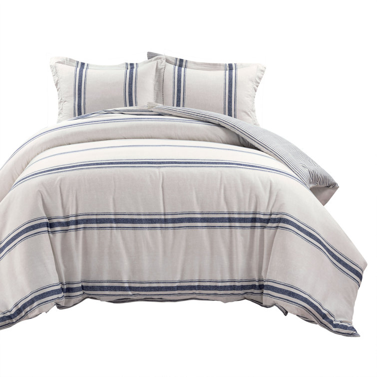 Navy Full/Queen Cotton Farmhouse Stripe Reversible Duvet Cover Set