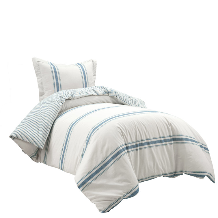 Blue and White Cotton Twin XL Reversible Duvet Cover Set