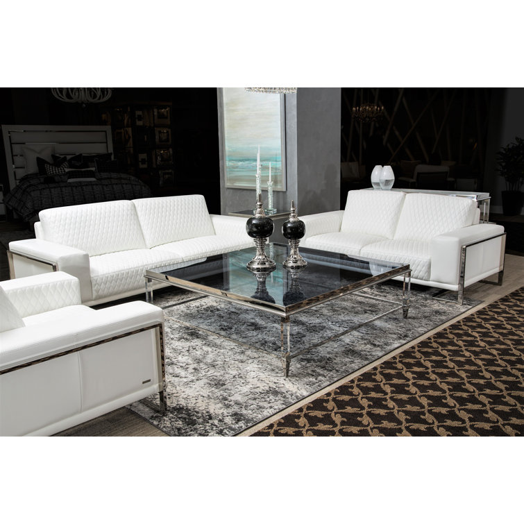 Contemporary White Leather 78'' Stationary Loveseat with Wood Accents