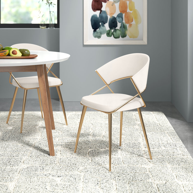 Cream Velvet and Gold Steel Upholstered Dining Chairs - Set of 2