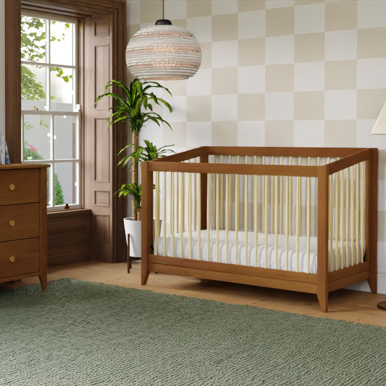 Chestnut and Natural Mid-Century Modern Convertible Crib