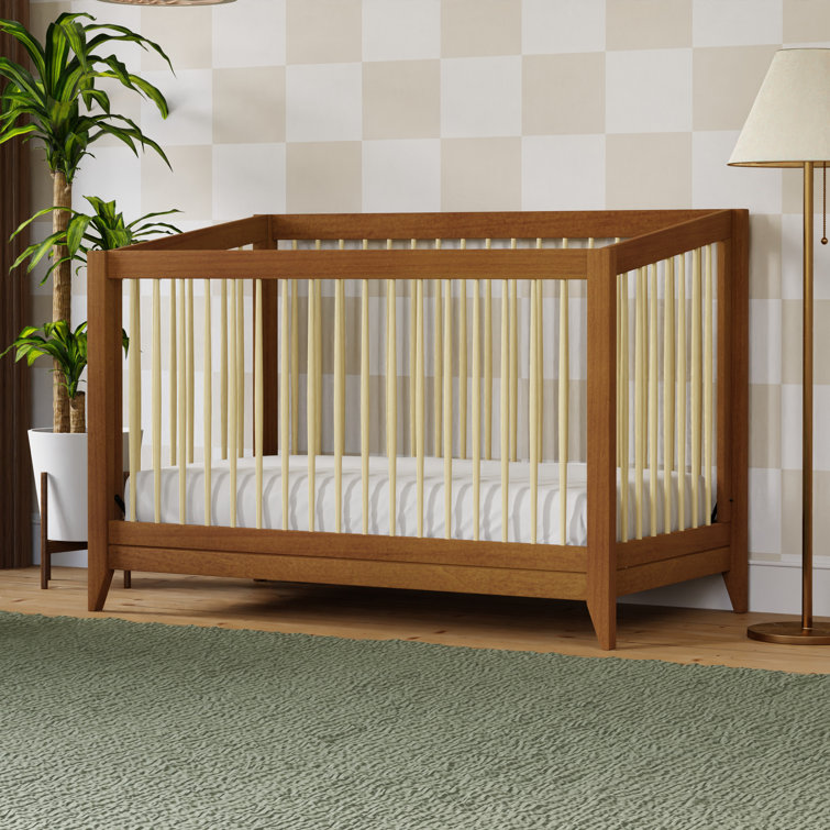 Chestnut and Natural Mid-Century Modern Convertible Crib