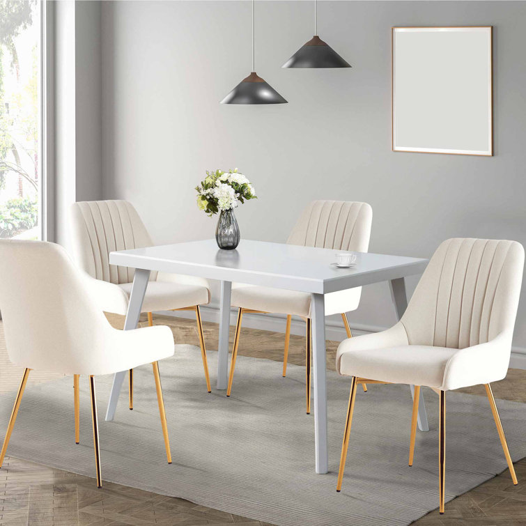 White Velvet Upholstered Side Chair with Gold Metal Legs