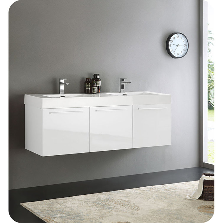 Vista 60'' Glossy White Wall Mounted Double Bathroom Vanity with Acrylic Top