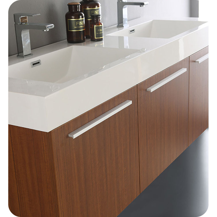 Teak Wall-Mounted Double Vanity with White Acrylic Sink
