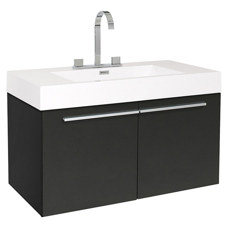Sleek Black 35" Modern Wall-Mounted Vanity with Integrated Sink