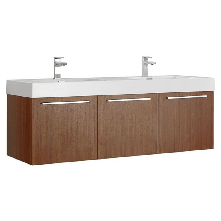 Teak 59" Wall-Mount Double Vanity Cabinet Base