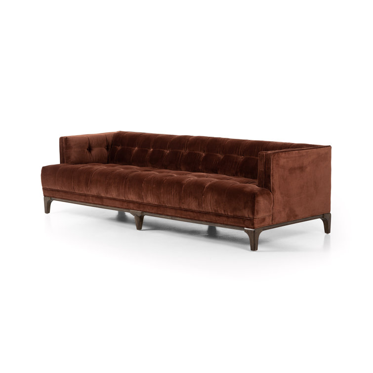 Auburn Velvet Tufted Sofa with Dark Walnut Wood Legs