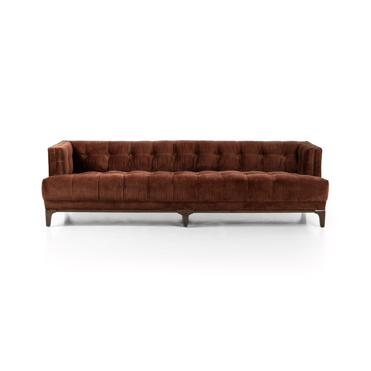 Auburn Velvet Tufted Sofa with Dark Walnut Wood Legs