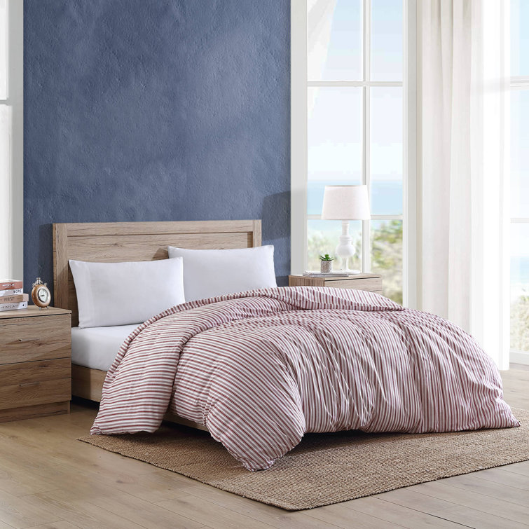 King Red Cotton Percale Stripe Duvet Cover