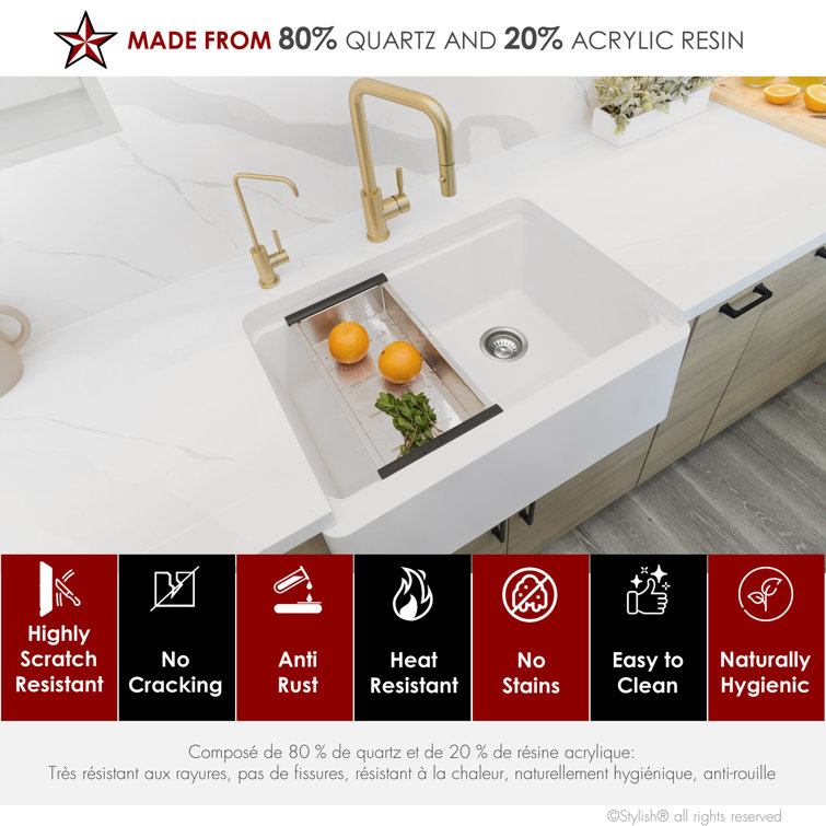 White Composite Granite 30" Farmhouse Apron Kitchen Sink with Accessories