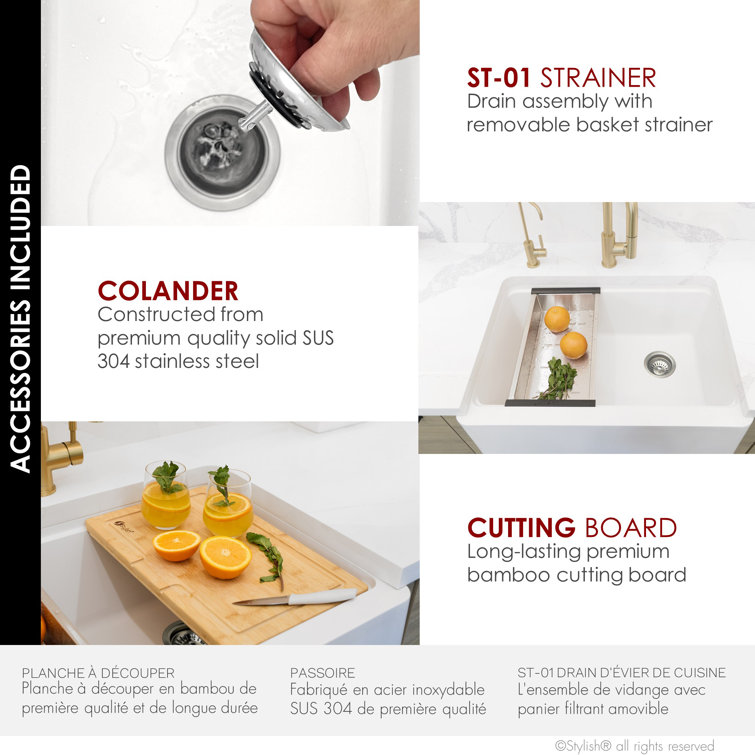 White Composite Granite 30" Farmhouse Apron Kitchen Sink with Accessories