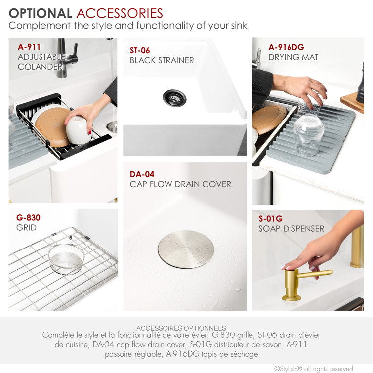 White Composite Granite 30" Farmhouse Apron Kitchen Sink with Accessories
