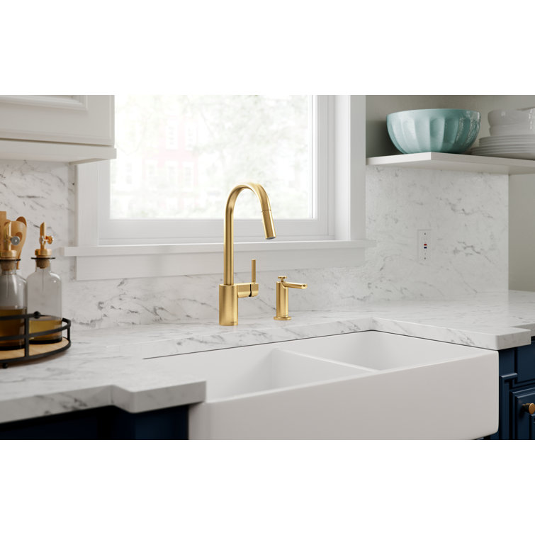 Brushed Gold Stainless Steel Modern Kitchen Faucet with Pull-out Spray