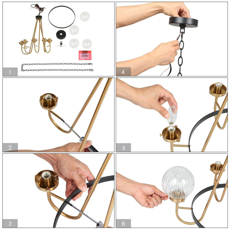 Black and Copper 5-Light Wagon Wheel Chandelier with Clear Glass Shades