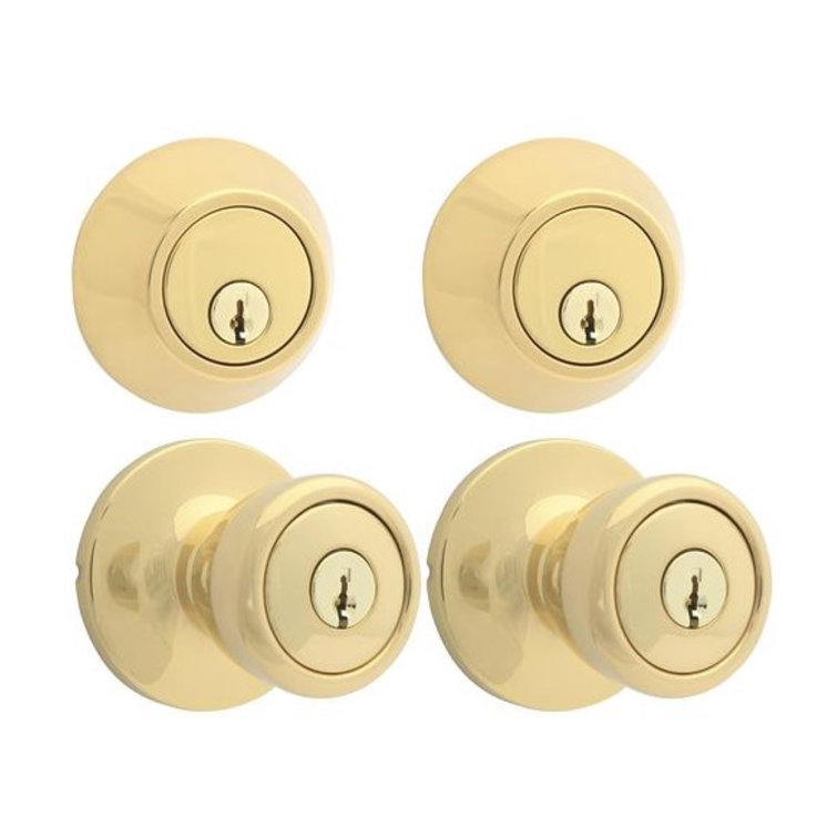 Polished Brass Home Security Door Knob and Deadbolt Kit