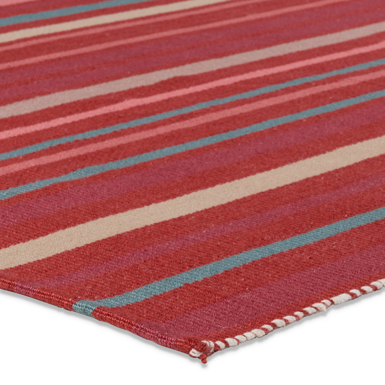 Handwoven Red and Blue Striped Synthetic Flatweave Rug