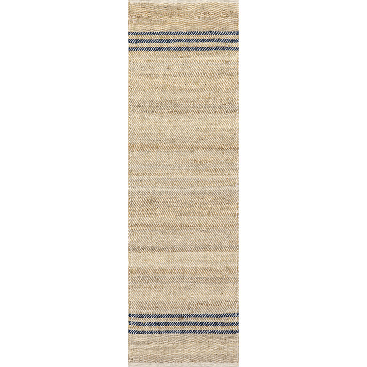 Natural Jute Flatwoven Runner Rug with Blue Stripes, 2' x 8'