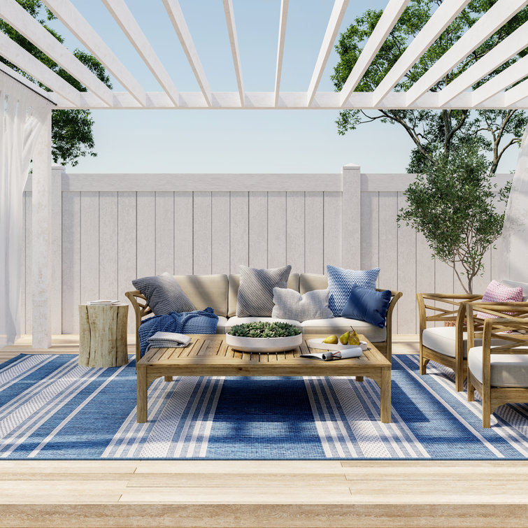 Blue and White Striped Synthetic Indoor/Outdoor Rug