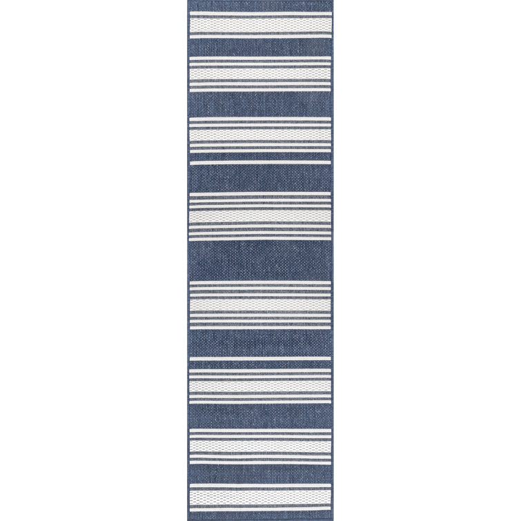 Navy and White Striped Synthetic Indoor/Outdoor Runner Rug