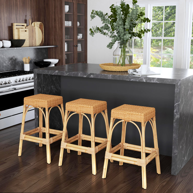 Natural Rattan and Wood Backless Bar Stool, 30" Height