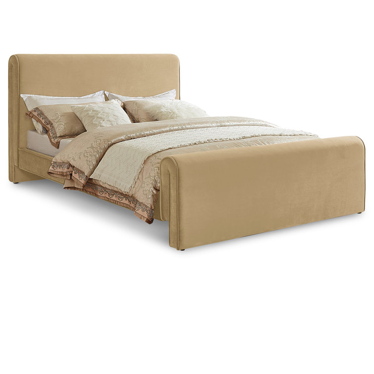 Camel Velvet Upholstered Queen Bed with Headboard