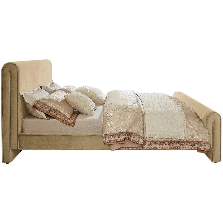 Camel Velvet Upholstered Queen Bed with Headboard