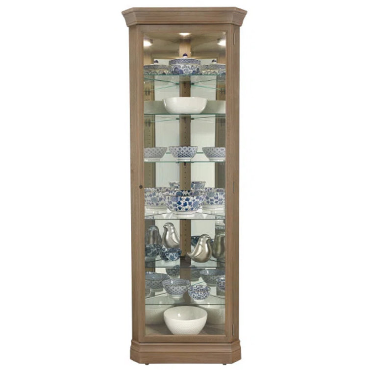 Aged Gray Lighted Corner Curio Cabinet with Glass Shelves