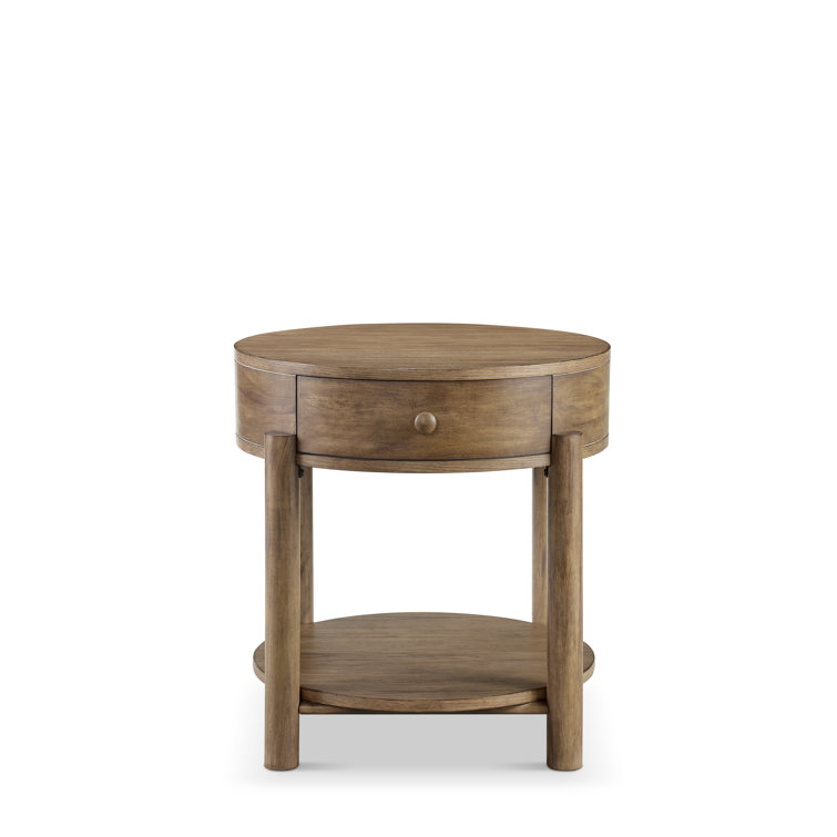 Round Brown Solid Oak Wood End Table with Storage