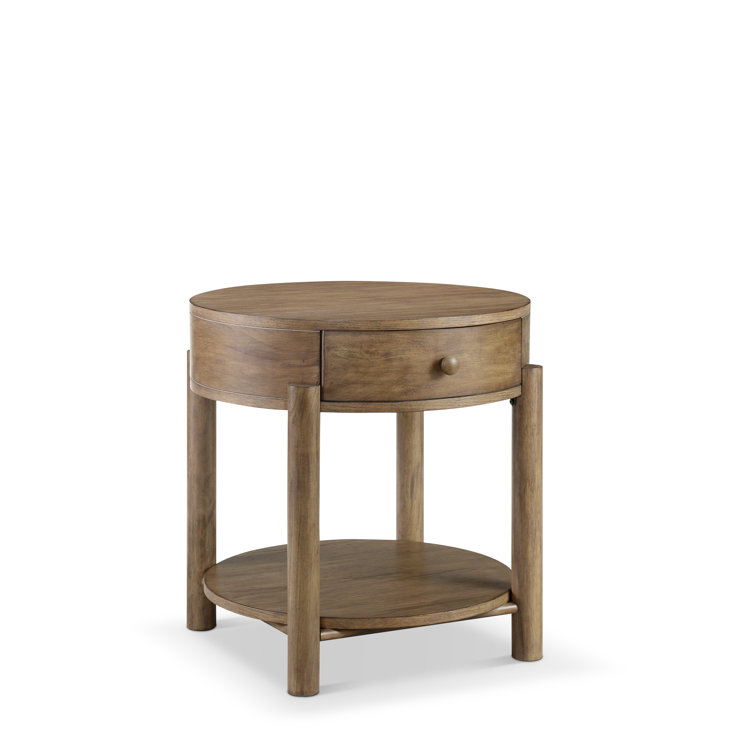 Round Brown Solid Oak Wood End Table with Storage