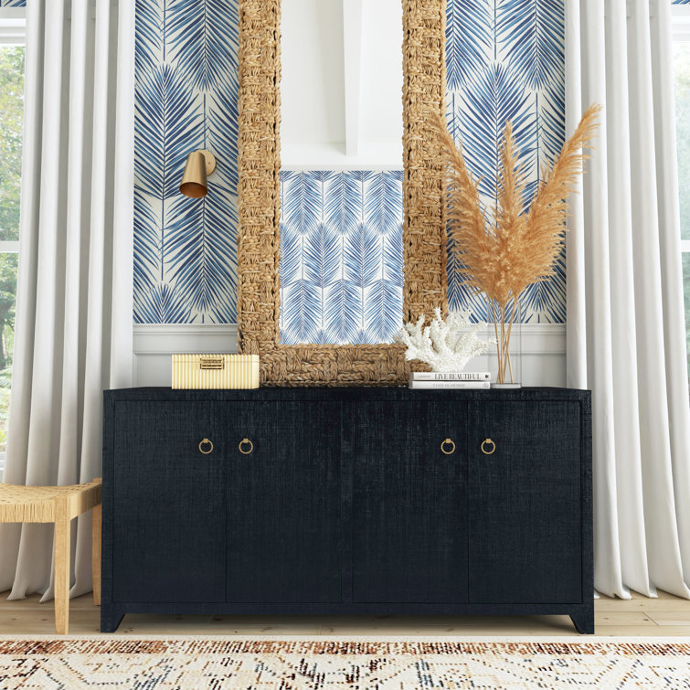 Bar Harbor Hand-Woven Natural Raffia 70" Sideboard with Brass Pulls