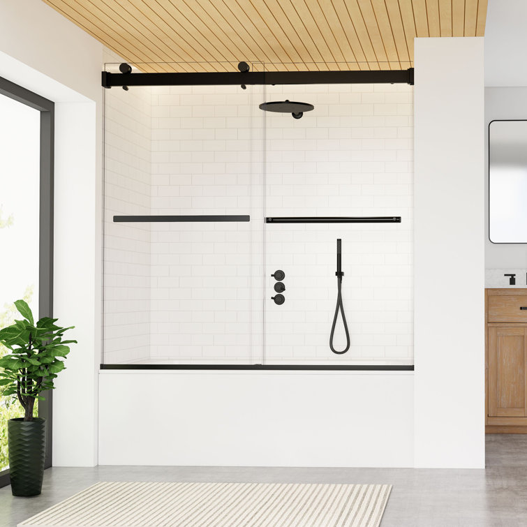 Marcelo 60" Matte Black Frameless Tub Door with Clear Glass
